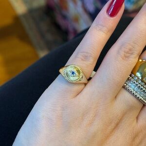 Adina Eden Gold Plated Evil Eye Pinky Ring w/ Sapphire Blue CZ Center (NWT)